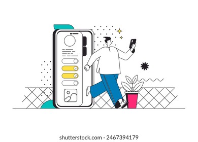 Mobile organizer outline web concept in modern flat line design. Man managing daily time with online schedule and to do list in app, sets tasks and meeting, notes deadline goals. Vector illustration