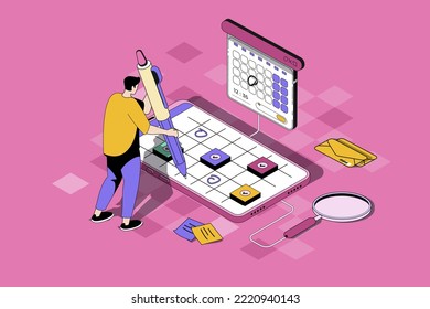 Mobile organizer web concept in 3d isometric design. Man marks meetings in calendar, writes notes and sets reminders, plans time and tasks in app. Vector web illustration with people isometry scene