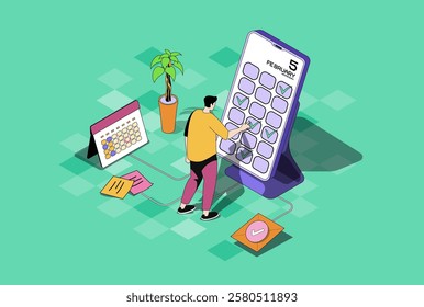 Mobile organizer web concept in 3d isometric graphic design. Isometry people scene with woman planning daily routines in digital calendar, managing work time and productivity. Vector illustration.