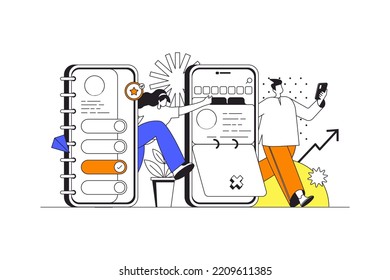 Mobile organizer web concept in flat outline design with characters. Woman and man organizes time and tasks in app, make to-do lists, marks meetings on calendar, people scene. Vector illustration.