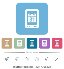 Iconos planos blancos del organizador móvil sobre fondo cuadrado redondeado de color. 6 iconos de bonificación incluidos