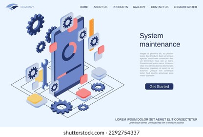 Mobile OS maintenance, software update, program installation, setup modern 3d isometric vector concept illustration. Landing page design template