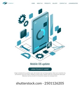 Mobile OS update, software upgrade flat 3d isometric vector concept illustration