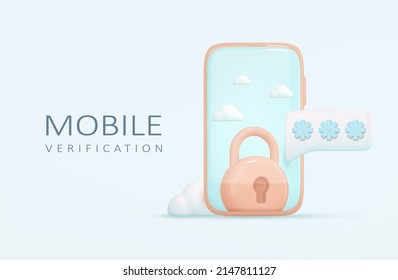 Mobile otp secure verification concept. 3d render smartphone, password,padlock, clouds on blue background. Safety login, 2fa authentication code icon, Vector illustration