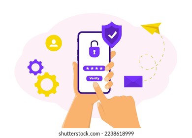 Mobile OTP secure verification method. Mobile phone in hand. One-time password for secure transaction. Security one time password verification for mobile app on smartphone screen. 2-Step verification