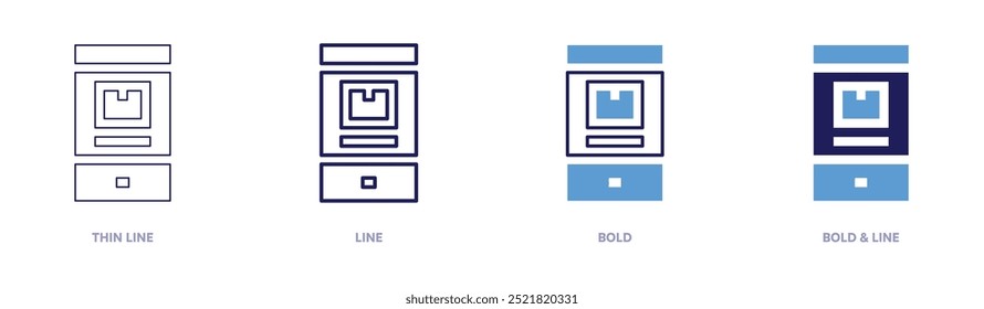 Icono de embalaje móvil en 4 estilos diferentes. Línea delgada, línea, negrita y línea negrita. Estilo duotono. Trazo editable.