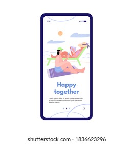Mobile page with couple at sea vacation happy together, flat cartoon vector illustration isolated. Onboarding screen template for couple bonding activity.