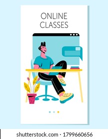 Mobile page for online education application with woman learning at home. Distance education and homeschooling, e-learning and educational trainings concept, flat vector illustration.