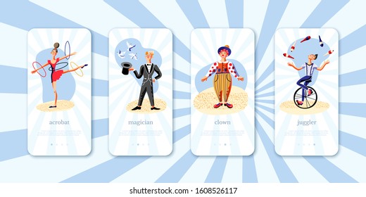 Mobile page set with acrobat, juggler, magician, clown. Wonderful circus performers in colorful costumes. Artists cartoon people characters. Magic amusing show in arena advert. Vector illustration