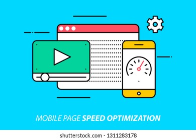 Mobile page speed optimization. Colorful illustration on bright cyan background. Modern outline style. 
