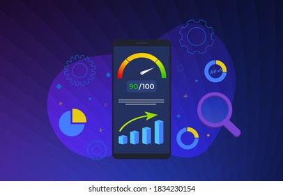 Mobile Page Speed Optimization flat vector illustration concept. Smartphone on whose screen accelerometer with high values. Website Loading Time image for internet SEO. Accelerated Mobile Pages.