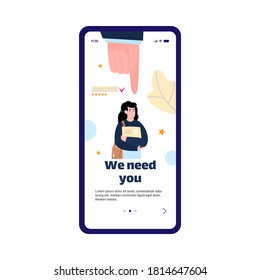 Mobile Seitenvorlage Design, um zu mieten und rekrutieren mit Menschen Zeichen, flache Cartoon Vektorgrafik einzeln auf weißem Hintergrund. Neue Mitarbeiter wählen und einstellen.