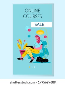 Mobile page template for online courses application with woman student in learning process. Online education and distance e-learning, educational training, flat vector illustration.
