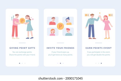 Mobile page template. People are sharing or collecting points. flat design style minimal vector illustration.