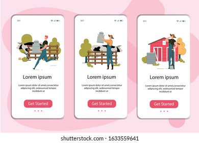 Mobile Pages Set with Farmer Collecting Milk or Milking Cow Design. Fresh Dairy Production and Cattle Breeding. Farmland and Agribusiness. Phone Application Mockup. Vector Flat Illustration
