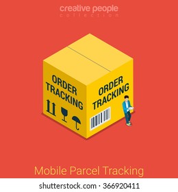 Mobile parcel tracking flat 3d isometry isometric online order shipping business concept web vector illustration. Big yellow pack box and micro young man with tablet track. Creative people collection.
