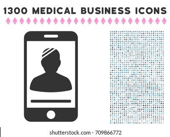 Mobile Patient grey vector icon with 1300 health care commerce symbols. Set style is flat bicolor light blue and gray pictograms.