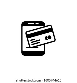 Mobile pay black icon design in black flat design on white background, Smartphone with bank card, Digital payment sign, Vector illustration