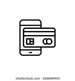 Mobile pay black icon design in outline style on white background, Smartphone with bank card, Digital payment sign, Vector illustration