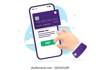 Mobile pay - Credit card on smartphone paying online, and hand pushing payment button. Vector illustration with white background