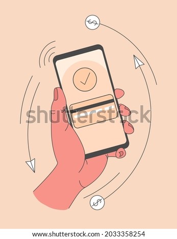 Mobile pay. Paying by credit card via phone, online payments vector illustartion