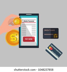 Mobile Pay, payment for services, shopping and entertainment. Hand with coin and credit debit card.