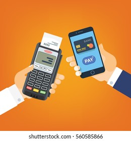 Mobile Pay, payment for services, shopping and entertainment. Hand with phone and payment terminal. Vector illustration, flat style.