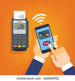 Mobile Pay, payment for services, shopping and entertainment. Hand with phone and payment terminal. Vector illustration, flat style.