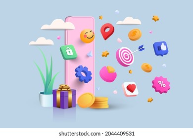 Mobile Payment 3D Illustration, online shop, online payment and delivery concept with floating elements. sale banner, gift box, discount, social advertising. 3D Vector Illustration