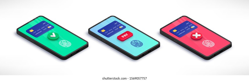Mobile payment accepted and error isometric concept. 3d Smartphone with credit card, green yes check mark, red cross check mark, fingerprint, button pay on screen. Vector illustration
