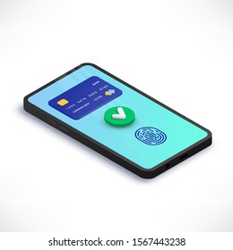 Mobile payment accepted isometric concept. 3d Smartphone with credit card, green yes check mark, fingerprint on screen. Success transaction, money transfer. Vector illustration