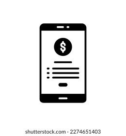 Mobile payment app billing page icon on smartphone in black solid style