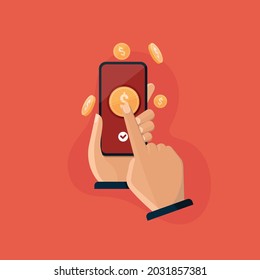 Aplicación de pago móvil, mano con smartphone para enviar y recibir dinero en línea