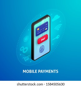 Mobile payment app isometric banner concept design. 3d smartphone with credit card, fingerprint, button pay on screen, icons. Online money transaction, e-wallet vector illustration