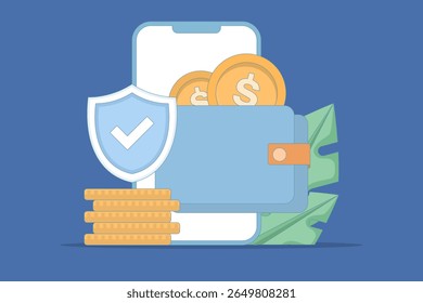 Conceito de aplicação de pagamento móvel, Carteira com dinheiro e moedas colocados no smartphone, Aplicação de carteira digital para transações financeiras. Conceito de banco via Internet. Ilustração de design plano.