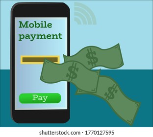Mobile payment application. Online payment program that is comfortable for payment and purchase operations. It is presented as a mobile phone with аn ATM slot and banknotes.