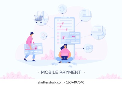 Mobile payment application where people purchase goods. People payment online and interacting with bank and shop. E-commerce, online shopping, internet payment. Flat people vector illustration. Vector