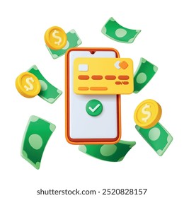 Pagamento móvel aprovado conceito 3d. Aplicativo de carteira de smartphone, cartão de crédito na tela e dinheiro caindo, notas e moedas. Cena vetorial do banco online