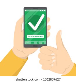 Mobile payment approved. Green checkmark on the smartphone screen. Pay in the internet. Money transaction successful. Isolated vector illustration in cartoon style