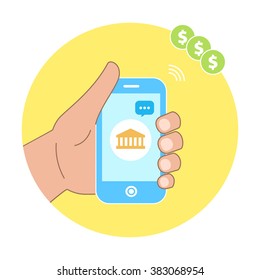 Mobile payment of bank, hand holding phone. Message from bank. Flat vector illustration.