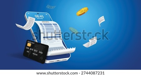 Mobile Payment Banking App Showing Invoice, Receipt and Bill Transaction on Smartphone Screen with Credit Card, Digital Finance, Online Cashless Banking, Financial Technology Concept 3D Illustration