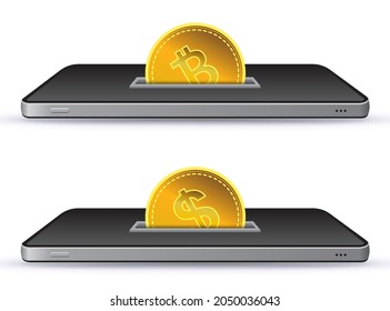 Mobile payment and mobile banking concept with blank screen smartphone vector illustration. Coin dropping in mobile phone slot.