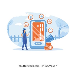  Mobile payment and mobile banking concept. Female hand holding a phone with different types of payments. flat vector modern illustration 