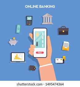 Mobile payment and mobile banking concept. Hands holding phones with differed type of payment. Internet banking, online purchasing and transaction, electronic funds transfers.