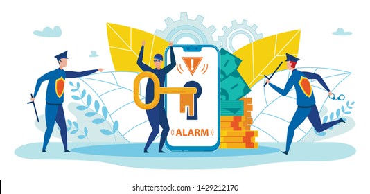 Mobile Payment, Banking Service Operation Safety Flat Vector Concept. Policemen, Guards Running to Catch Thief Trying to Pick Key and Steal Personal, Confident Information on Smartphone Illustration