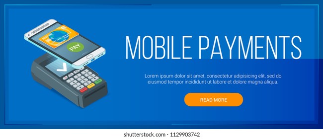 Mobile payment banner. Image of payment terminal and mobile phone. Isometric concept. Highly detailed vector illustration