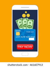Mobile payment by credit card, transaction. Vector illustration flat design.