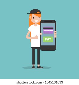 Mobile payment with card.Young character holding a smartphone. Flat cartoon design,Clip art