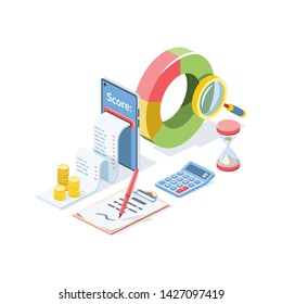 Mobile payment check, coins, chart, search, hourglass, document, business set. Vector 3d isometric color icon new flat style. Creative illustration, idea for infographics.