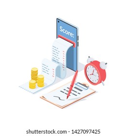 Mobile payment check, coins, time clock, document, business set. Vector 3d isometric color icon new flat style. Creative illustration, idea for infographics.